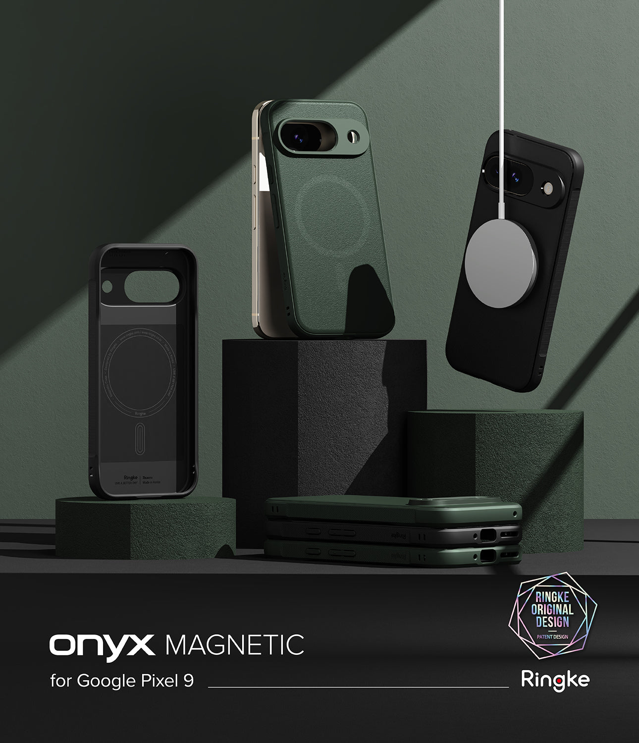 Google Pixel 9 Case | Onyx Magnetic - Dark green and black phone cases displayed on blocks with a magnetic charger.