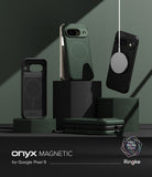 Google Pixel 9 Case | Onyx Magnetic - Green and black phone cases displayed on blocks with a magnetic charger attached.