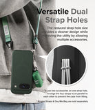 Google Pixel 9 Case | Onyx Magnetic - A dark green phone case with dual strap holes holding two accessories via lanyards.