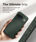 Google Pixel 9 Case | Onyx Magnetic - Hand holding a dark green phone case with a textured micro-dot side grip pattern.