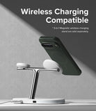 Google Pixel 9 Case | Onyx Magnetic - Dark green phone case magnetically attached to a white 3-in-1 wireless charging stand.
