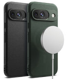 Google Pixel 9 Case | Onyx Magnetic - Two textured phone cases in black and green with a magnetic charger attached.
