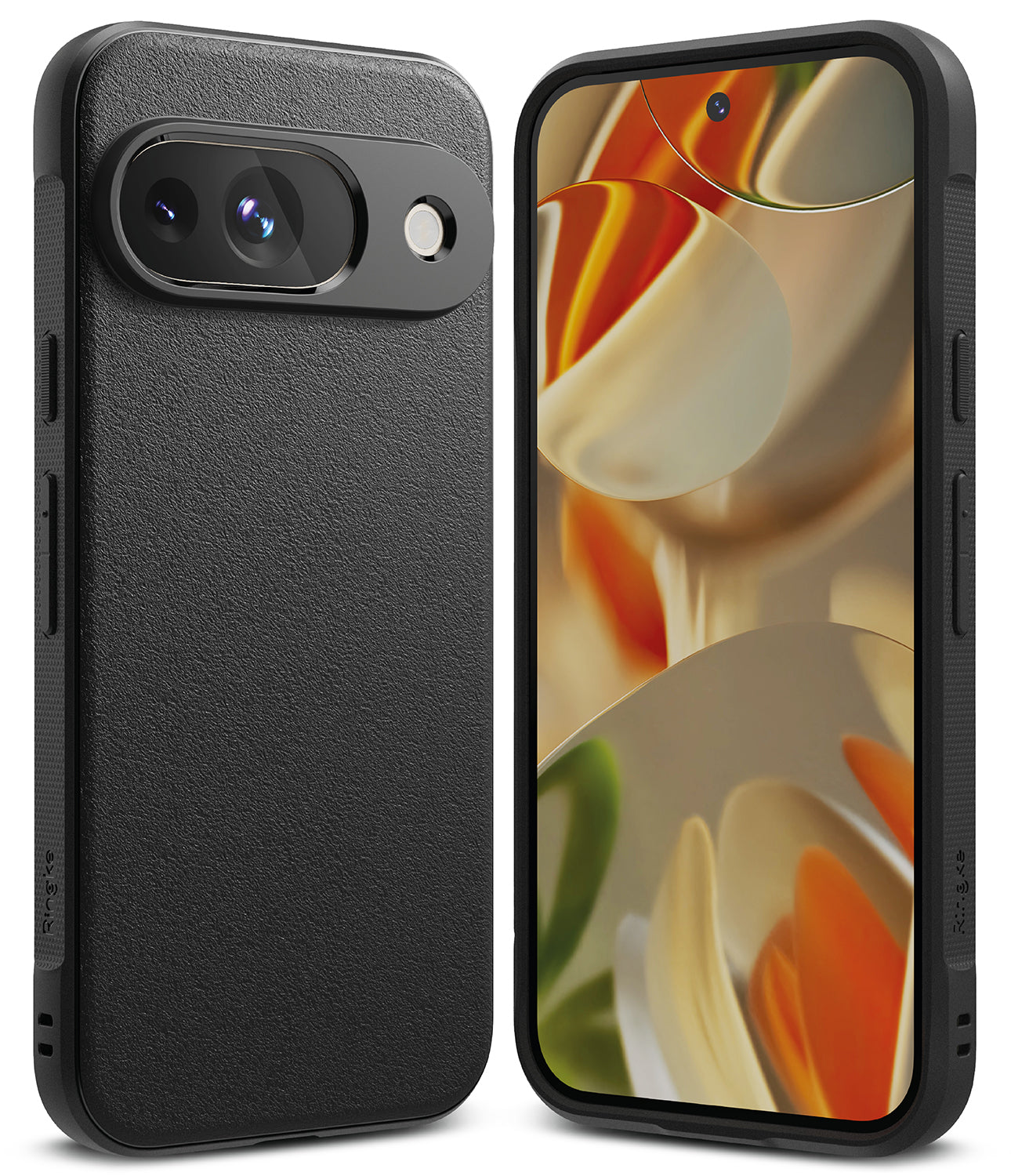 Google Pixel 9 Case | Onyx - Black textured protective case shown from the back and front with an abstract wallpaper.