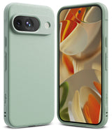 Google Pixel 9 Case | Onyx - Sage green textured phone case shown from back and front with abstract screen wallpaper.