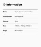 Google Pixel 9a | Camera Glass - Information table listing product name, compatibility, material, size, and origin.