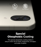 Google Pixel 9a | Camera Glass - Close-up of camera lens protector showing oleophobic coating with touch and anti-fingerprint icons.