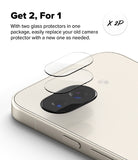 Google Pixel 9a | Camera Glass - Two transparent camera lens protectors hovering above a smartphone camera module.