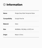 Google Pixel 9a Screen Protector | Easy Slide Tempered Glass - Google Pixel 9a Screen Protector - Information table listing product name, compatibility, material, size, and origin.