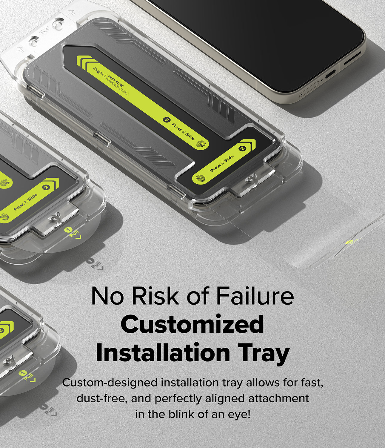 Google Pixel 9a Screen Protector | Easy Slide Tempered Glass - Google Pixel 9a Screen Protector - Easy Slide installation tray with numbered steps for aligning tempered glass on a phone.