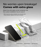 Google Pixel 9a Screen Protector | Easy Slide Tempered Glass - Google Pixel 9a Screen Protector - A smartphone, two tempered glass protectors, and an installation tray on a gray surface.