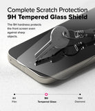 Google Pixel 9a Screen Protector | Easy Slide Tempered Glass - Google Pixel 9a Screen Protector - A metal key resting on a phone screen protector, demonstrating 9H scratch resistance.