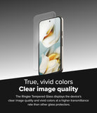 Google Pixel 9a Screen Protector | Easy Slide Tempered Glass - Google Pixel 9a Screen Protector - Tempered glass hovering above a smartphone screen displaying a vibrant floral image.