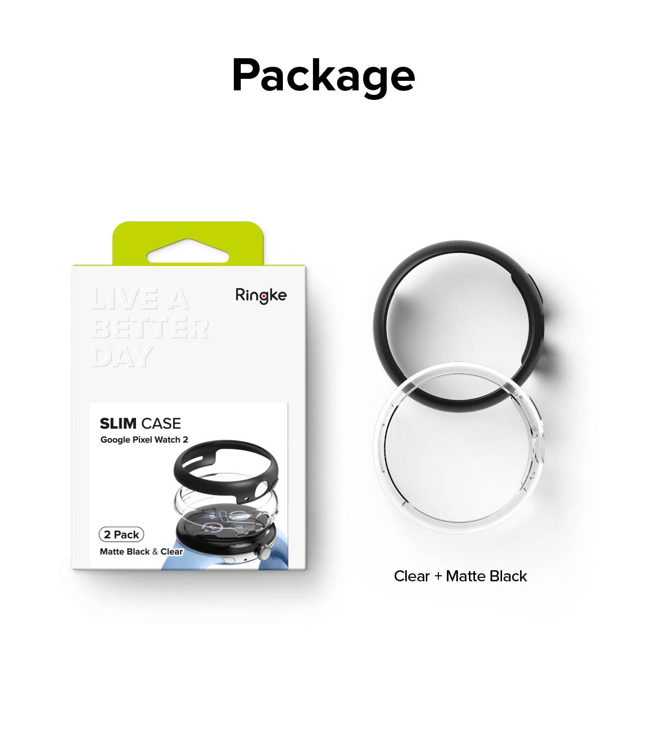 Google Pixel Watch 2 | Slim (2P) - Clear/Matte Black - Ringke 2-pack slim cases in clear and matte black for Pixel Watch 2.