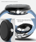 Google Pixel Watch 2 | Slim (2P) - Clear/Matte Black - Close-up views of a protective watch case showing button access and sensor compatibility.