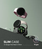 Google Pixel Watch 3 41mm | Slim - Three Google Pixel Watches with slim protective cases floating over a gray ledge.