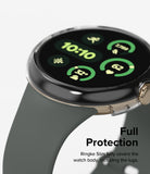Google Pixel Watch 3 41mm | Slim - A clear protective case on a smartwatch with a grey band and digital display.