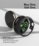 Google Pixel Watch 3 45mm | Slim - Two protective watch cases, one clear and one black, displayed with a smartwatch.