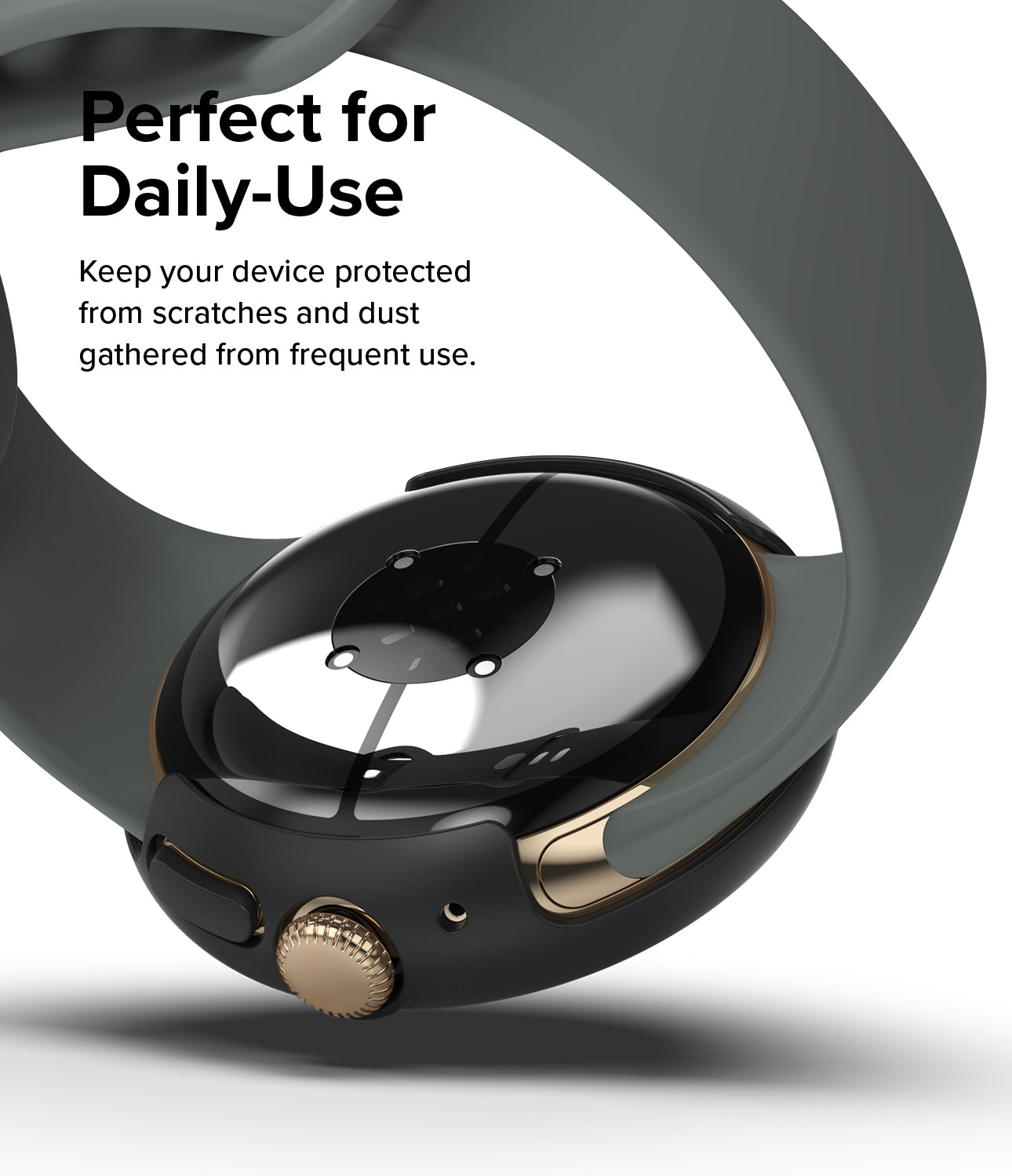 Google Pixel Watch 3 45mm | Slim - A black protective case on a smartwatch with a gold crown and grey silicone band.