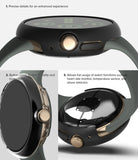 Google Pixel Watch 3 45mm | Slim - Three views of a protective watch case showing button access and sensor compatibility.