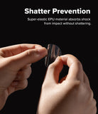 Pixel Watch 5 / 4 41mm Screen Protector | Dual Easy Film Pro (2P) - Two hands holding a transparent, curved protective lens or shield against a black background, with white text at the top reading 'Shatter Prevention' and 'Super-elastic EPU material absorbs shock from impact without shattering.'.