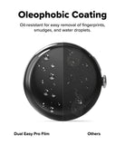 Pixel Watch 5 / 4 45mm Screen Protector | Dual Easy Film Pro (2P) - A promotional graphic for oleophobic coating on a round black product, showing water droplets easily rolling off one half while staying on the other half. Text reads 'Oleophobic Coating' and 'Oil-resistant for easy removal of fingerprints, smudges, and water droplets.