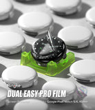 Pixel Watch 5 / 4 45mm Screen Protector | Dual Easy Film Pro (2P) - A smartwatch with a clear dual-screen protector mounted on a translucent green stand, surrounded by several white smartwatch cases on a light gray surface. Text at the bottom reads 'Ringke DUAL EASY PRO FILM' and 'Screen Protector for Google Pixel Watch 5/4, 41mm'.