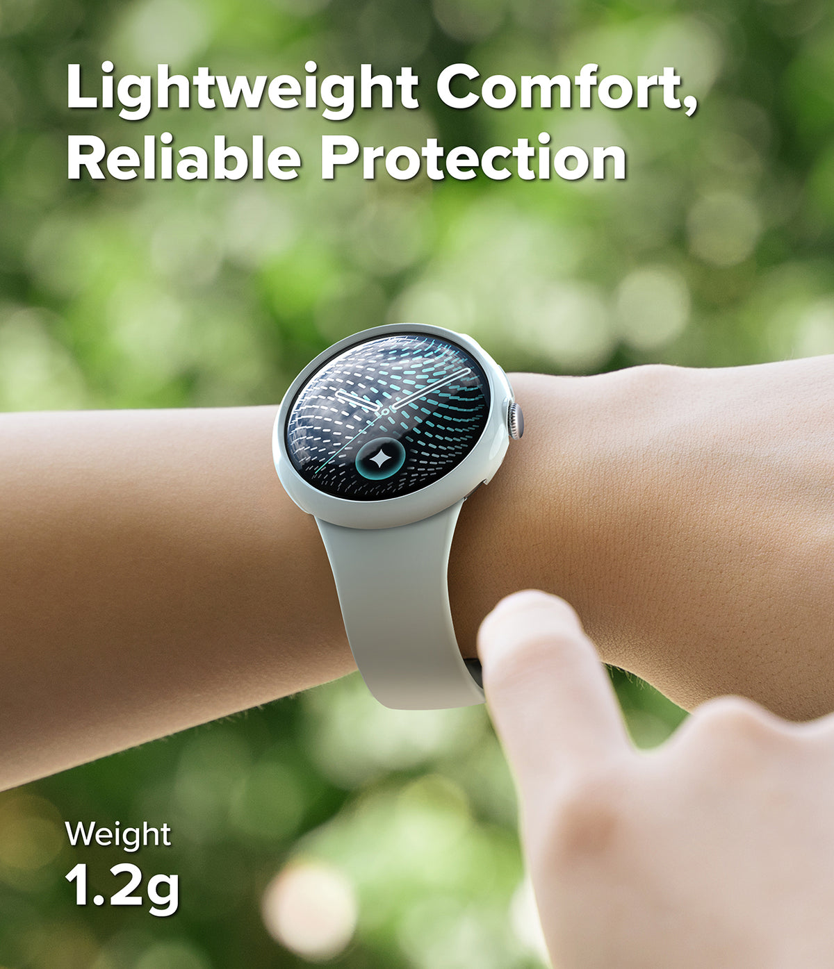Pixel Watch 5 / 4 41mm | Case + Screen (2P) - A smartwatch with a light gray band worn on a person's wrist, with a finger touching the side of the watch. The background is a blurred green outdoor setting, and text overlays read 'Lightweight Comfort, Reliable Protection' and 'Weight 1.
