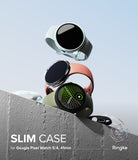 Pixel Watch 5 / 4 41mm | Slim (2P) - Slim smartwatch case shown in multiple pastel colors floating above a gray concrete ledge against a pale blue sky. The text reads 'SLIM CASE for Google Pixel Watch 5/4, 41mm' with the Ringke logo in the lower right.