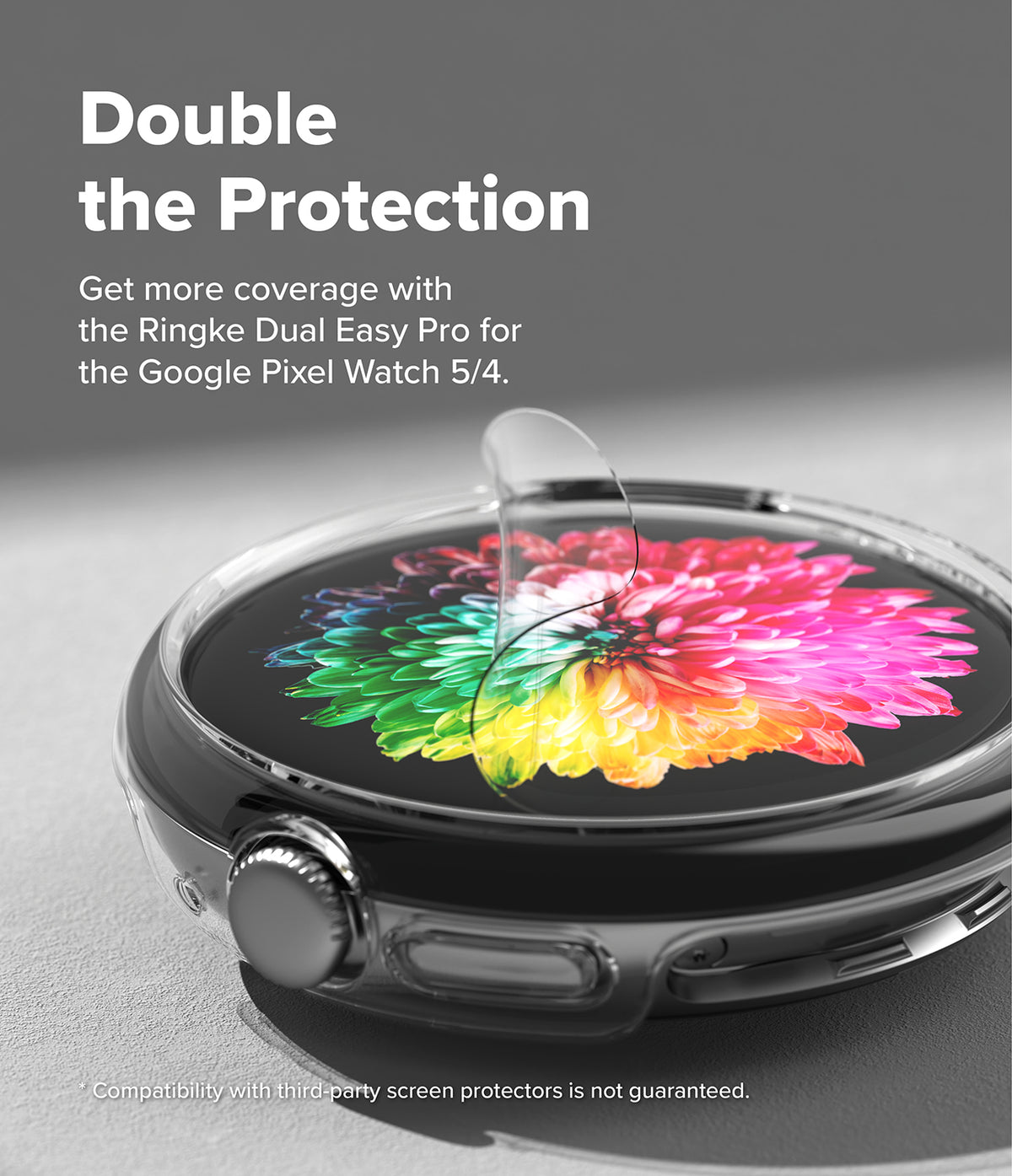 Pixel Watch 5 / 4 41mm | Slim (2P) - A clear screen protector is shown hovering over the circular display of a black smartwatch, with promotional text reading 'Double the Protection' and 'Get more coverage with the Ringke Dual Easy Pro for the Google Pixel Watch 5/4.'.
