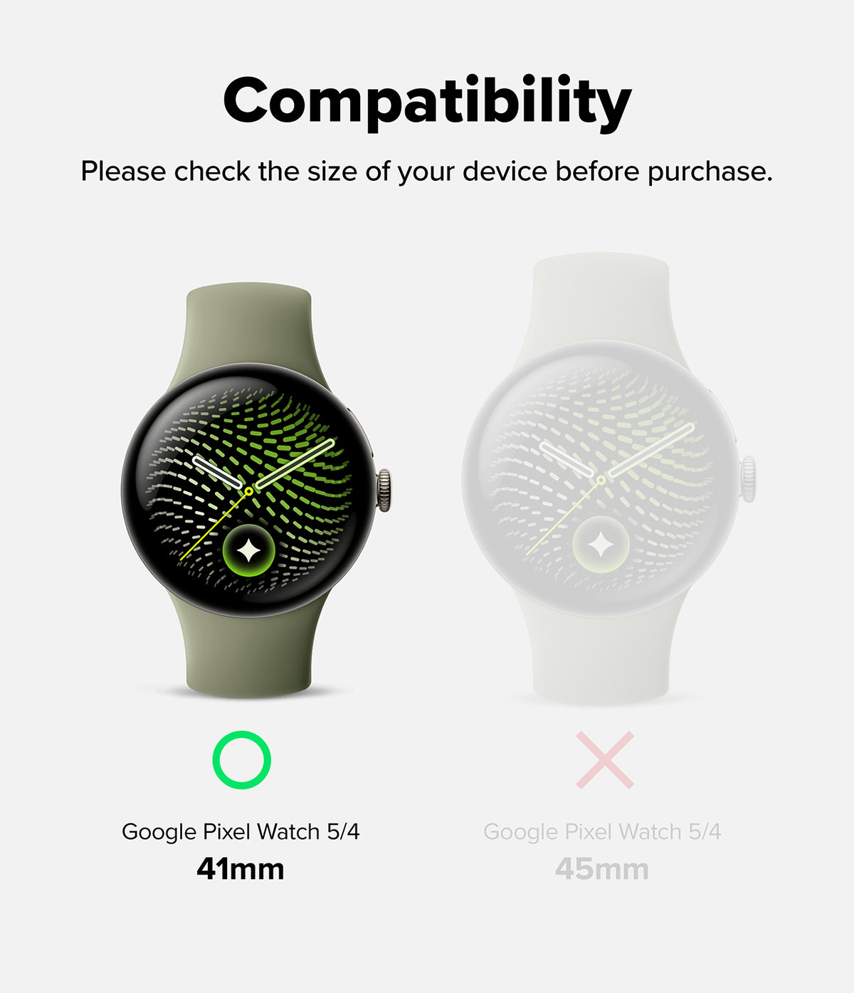 Pixel Watch 5 / 4 41mm | Slim (2P) - Compatibility graphic showing two smartwatches for Google Pixel Watch 5/4. The left watch has an olive green band and a black round face with a green and black abstract pattern.