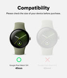 Pixel Watch 5 / 4 41mm | Slim (2P) - Compatibility graphic showing two smartwatches for Google Pixel Watch 5/4. The left watch has an olive green band and a black round face with a green and black abstract pattern.