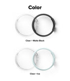 Pixel Watch 5 / 4 41mm | Slim (2P) - Color options graphic showing two circular watch bezel/frame designs on a white background: a clear + matte black option labeled 'Clear + Matte Black' and a clear + ice option labeled 'Clear + Ice'.