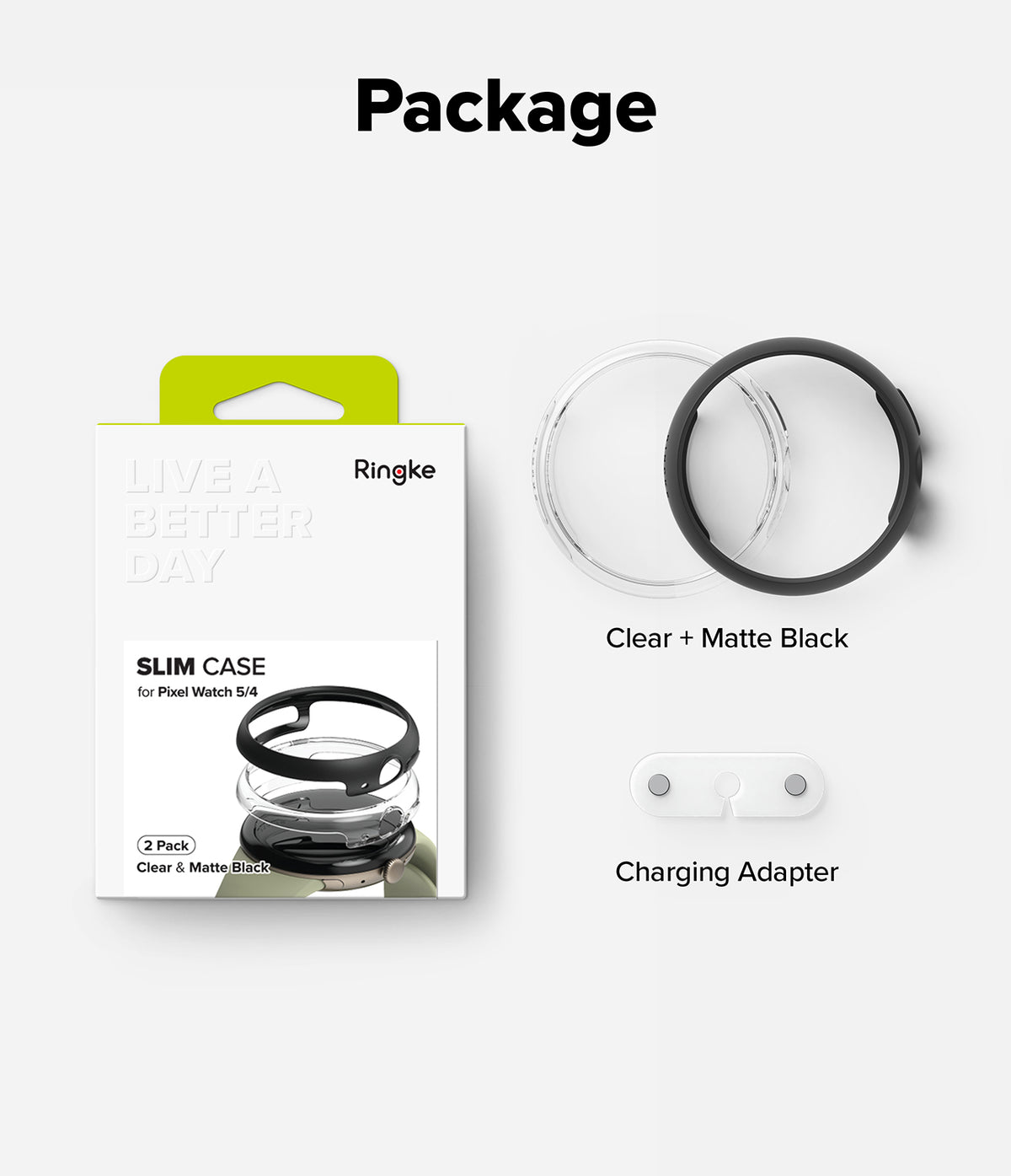 Pixel Watch 5 / 4 41mm | Slim (2P) - Product package and included accessories for a Ringke Slim Case for Pearl Watch S5, shown on a light gray background with the text 'Package' at the top. The package is white with a lime green tab and black text, next to a clear and matte black filter ring, a white charging adapter, and the Ringke logo.