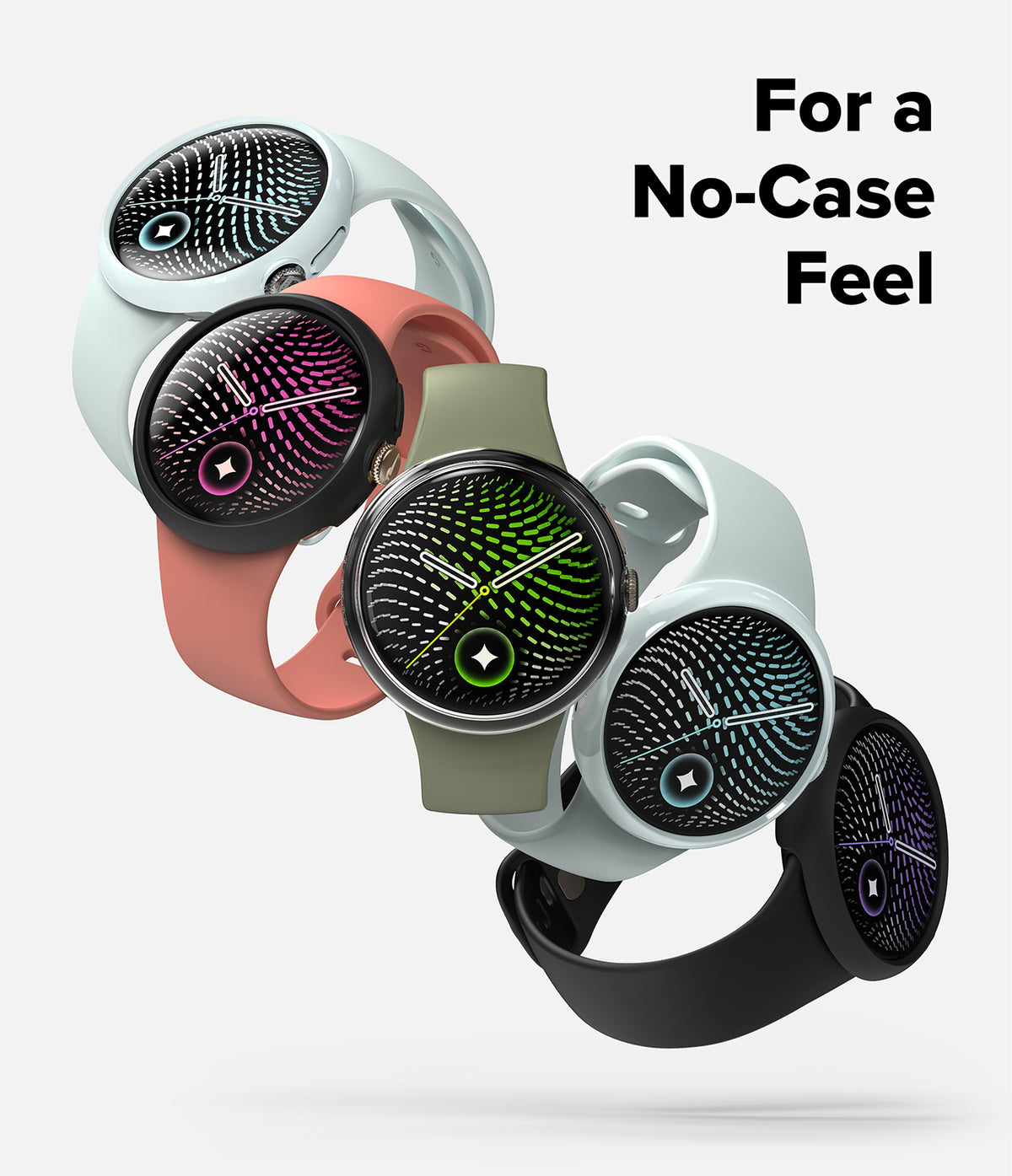 Pixel Watch 5 / 4 41mm | Slim (2P) - Four smartwatches with round black faces and different silicone bands are arranged on a light gray background with the text 'For a No-Case Feel' in the top right. The bands are white, coral pink, olive green, and black, and the watch faces display colorful digital patterns.