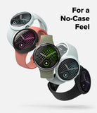Pixel Watch 5 / 4 41mm | Slim (2P) - Four smartwatches with round black faces and different silicone bands are arranged on a light gray background with the text 'For a No-Case Feel' in the top right. The bands are white, coral pink, olive green, and black, and the watch faces display colorful digital patterns.