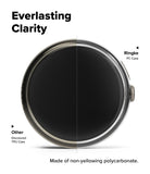Pixel Watch 5 / 4 41mm | Slim (2P) - A circular smartwatch shown from the back on a white background, with text comparing its clarity to other watches. The watch has a dark black screen and a silver metallic bezel, with labels pointing to the 'Ringke PC Case' and 'Other Discolorated TRU Case'.