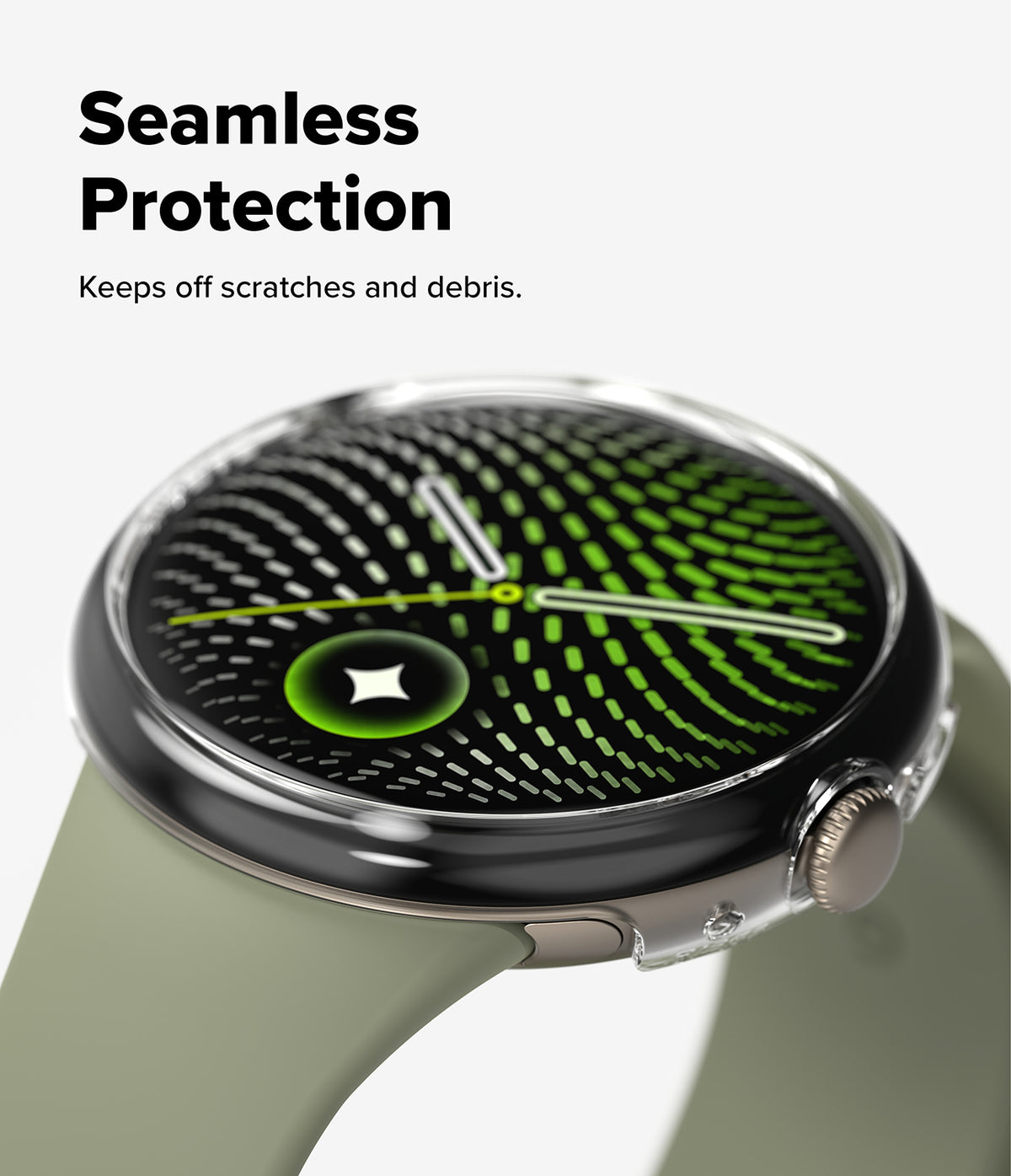 Pixel Watch 5 / 4 41mm | Slim (2P) - A smartwatch with a round silver-toned case and a light olive green strap, shown on a clean white background with promotional text reading 'Seamless Protection' and 'Keeps off scratches and debris.' The watch face displays a green and black patterned screen design.
