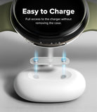 Pixel Watch 5 / 4 41mm | Slim (2P) - A close-up promotional render of a smartwatch charging dock setup. The top half shows a black watch face with the text 'Easy to Charge' and 'Full access to the charger without removing the case.