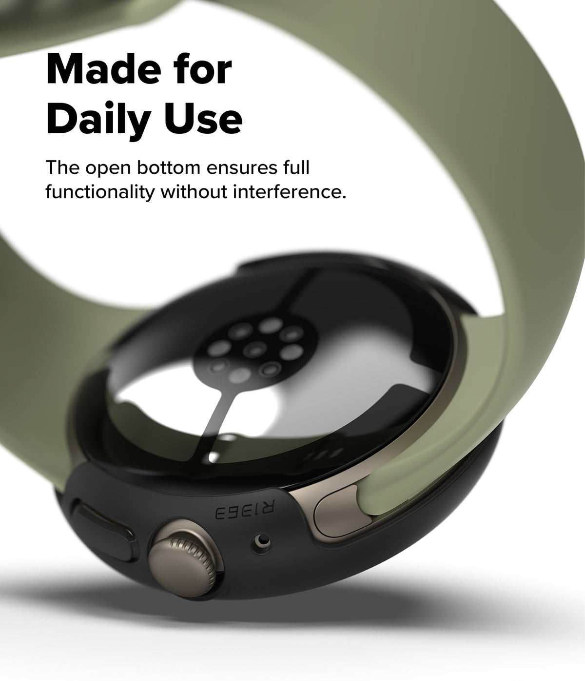 Pixel Watch 5 / 4 41mm | Slim (2P) - A close-up product shot of a smartwatch with a dark metallic case and a light olive green band, shown on a white background with promotional text reading 'Made for Daily Use.'.