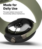 Pixel Watch 5 / 4 41mm | Slim (2P) - A close-up product shot of a smartwatch with a dark metallic case and a light olive green band, shown on a white background with promotional text reading 'Made for Daily Use.'.