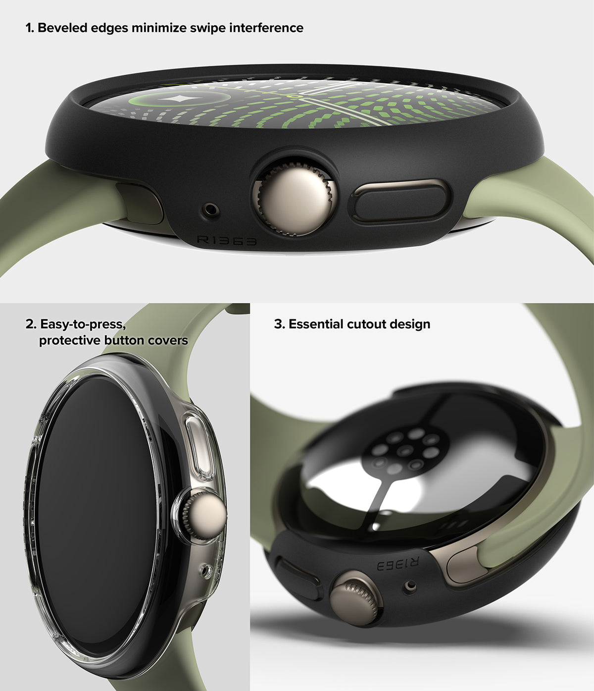 Pixel Watch 5 / 4 41mm | Slim (2P) - Three product detail views of a smartwatch with a black protective case and an olive green band, showing the side buttons, front bezel, and back cutout details with explanatory text overlays.