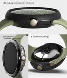 Pixel Watch 5 / 4 41mm | Slim (2P) - Three product detail views of a smartwatch with a black protective case and an olive green band, showing the side buttons, front bezel, and back cutout details with explanatory text overlays.