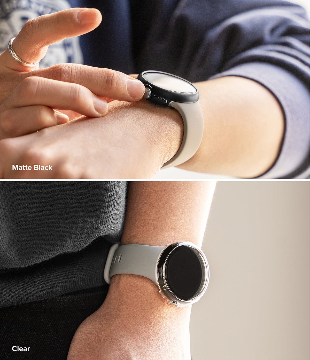 Pixel Watch 5 / 4 41mm | Slim (2P) - Two views of a smartwatch with different band colors on a wrist.