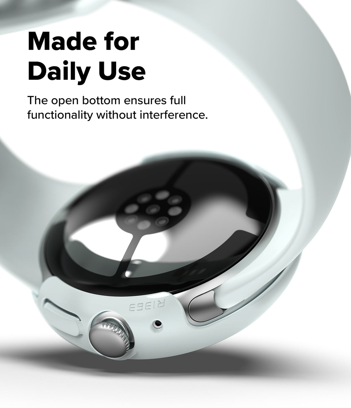 Pixel Watch 5 / 4 45mm | Case + Screen (2P) - Close-up of a smartwatch with an open bottom design, showing the inner display area and side buttons, with text reading 'Made for Daily Use' on a clean white background.