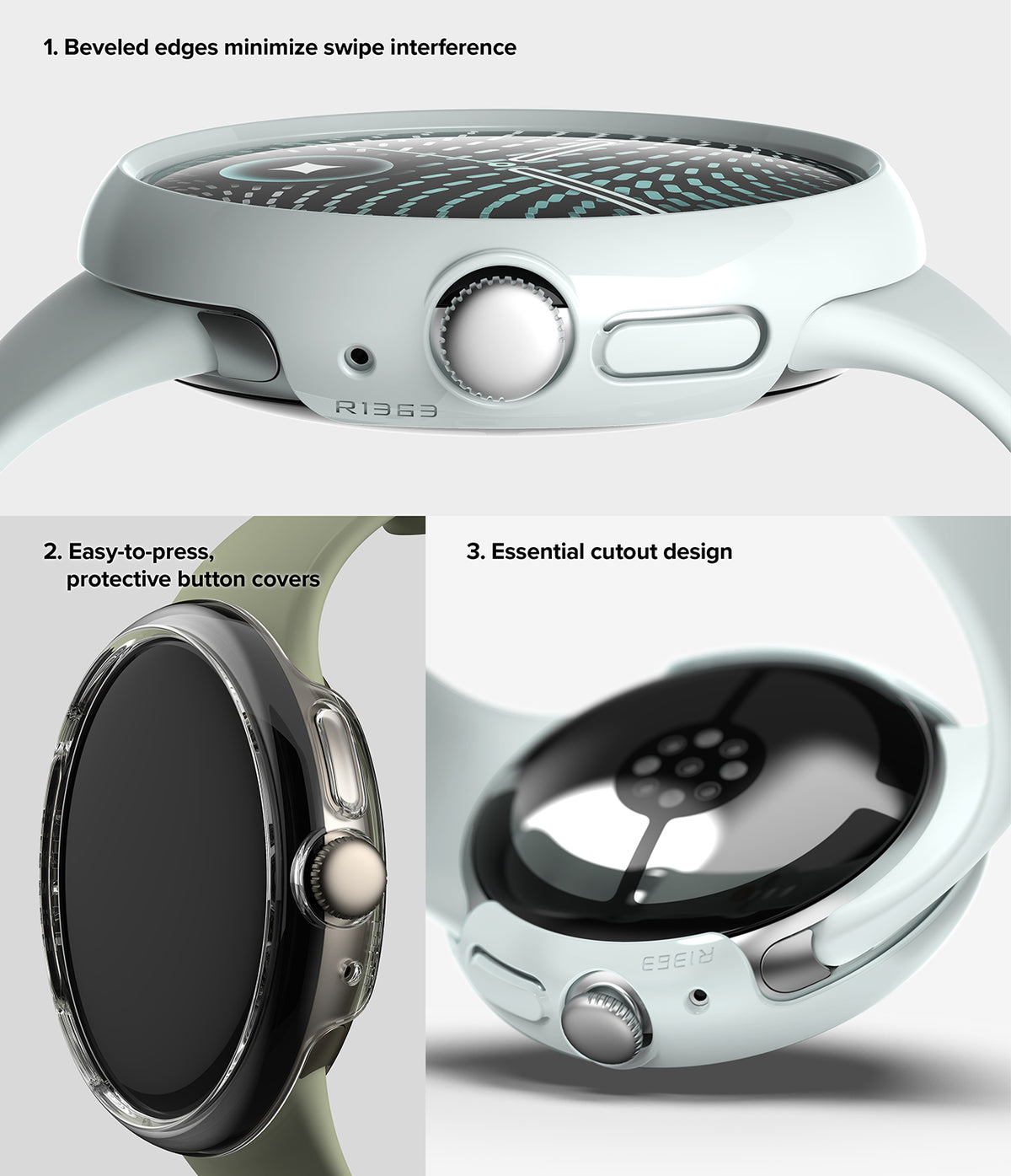 Pixel Watch 5 / 4 45mm | Case + Screen (2P) - A light blue smartwatch protective case shown from multiple angles with explanatory text callouts: '1. Beveled edges minimize swipe interference,' '2.