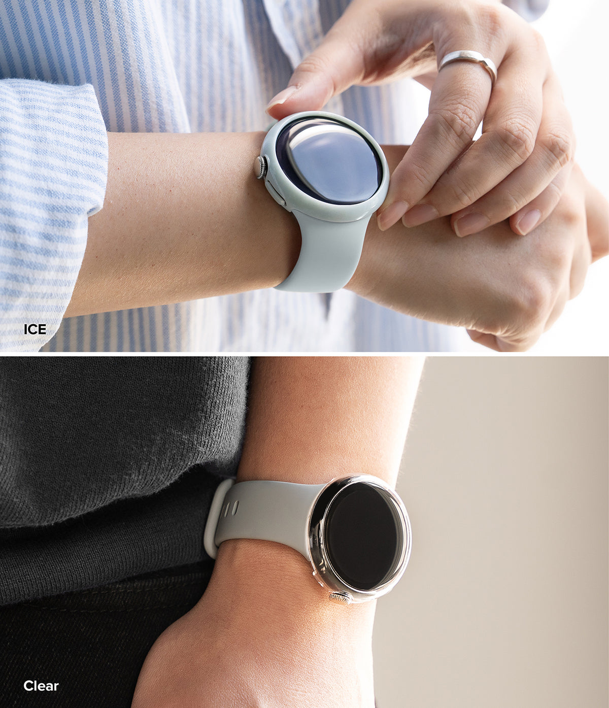 Pixel Watch 5 / 4 45mm | Case + Screen (2P) - Two close-up views of a smartwatch worn on a wrist. The top panel shows a pale icy blue band with a dark screen and the text 'ICE'; the bottom panel shows a translucent clear/light gray band with the text 'Clear'.