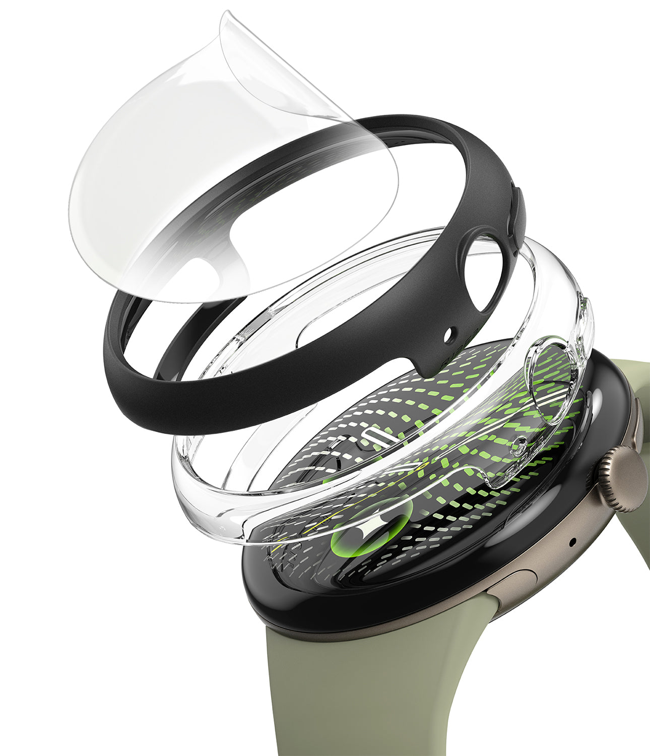 Pixel Watch 5 / 4 45mm | Case + Screen (2P) - A smartwatch shown with multiple transparent protective accessories layered around it, including a clear screen protector, a black band, a clear case, and a green-and-black interior detail, on a white background.