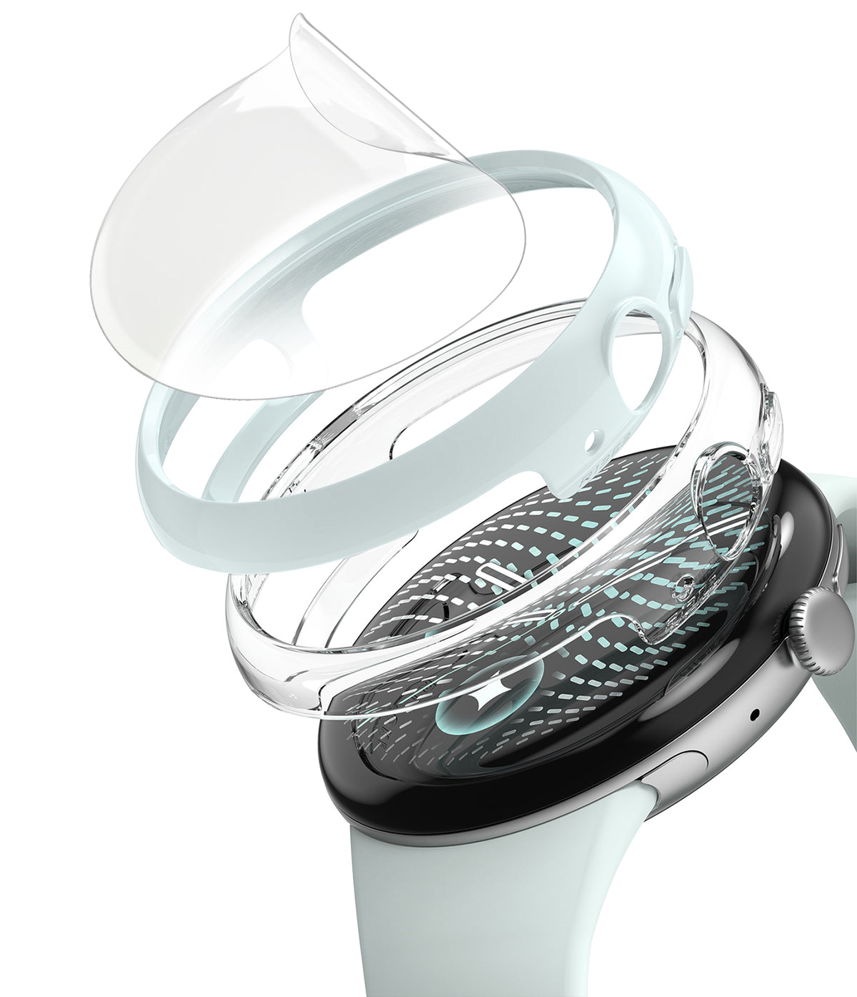 Pixel Watch 5 / 4 45mm | Case + Screen (2P) - A smartwatch with a pale mint band and black bezel, shown with transparent protective film and band wrap accessories floating around it on a white background.