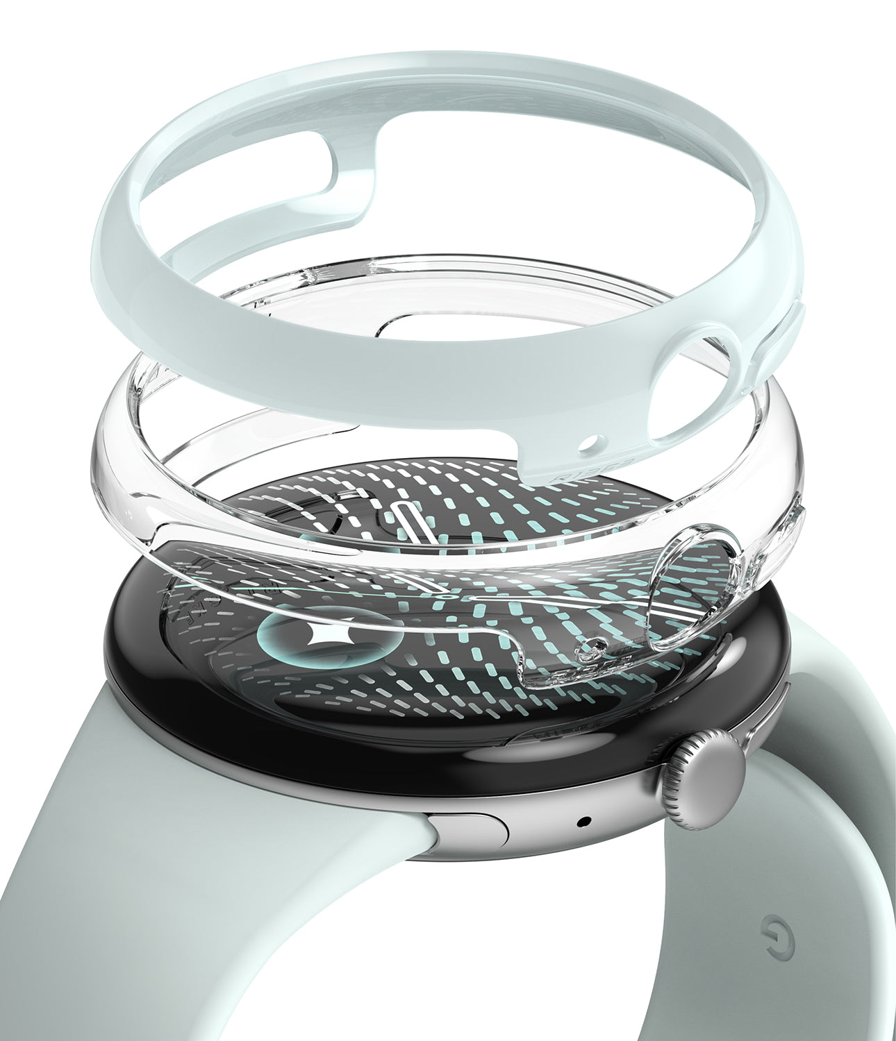 Pixel Watch 5 / 4 45mm | Slim (2P) - A smartwatch with a pale mint green band and black case, shown with a transparent protective bumper and a matching pale mint green ring accessory against a white background.