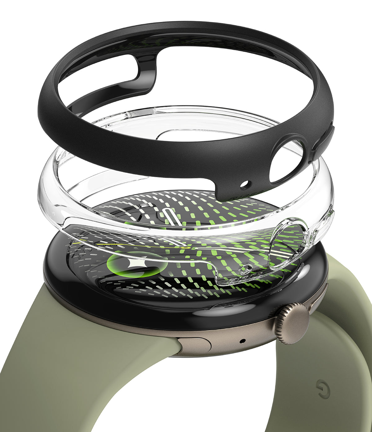 Google Pixel Watch 5 / 4 (41mm) | Slim (2 Pack) - A smartwatch with a light olive green strap, black bezel, and a transparent protective ring cover with a green patterned inner layer, shown on a clean white background.
